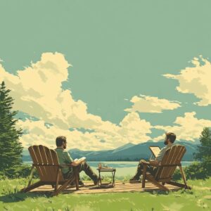 You and the client sitting on Adirondack chairs by a lake, brainstorming ideas on a wooden easel with the Green Mountains in the background.