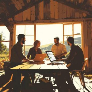 The client's team gathered around a table in a rustic Vermont barn, looking at a laptop showing positive trends. 