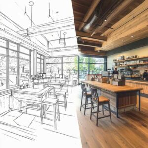 Before and after images of the client's rustic store or office - from a quiet, empty space to a bustling hub of activity with happy customers or supporters.