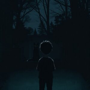 A boy standing in a dimly lit yard, staring into the shadows. A dark, mysterious fox with glowing green eyes watches him from the edge of the trees. The fox's figure is barely visible, blending with the darkness.